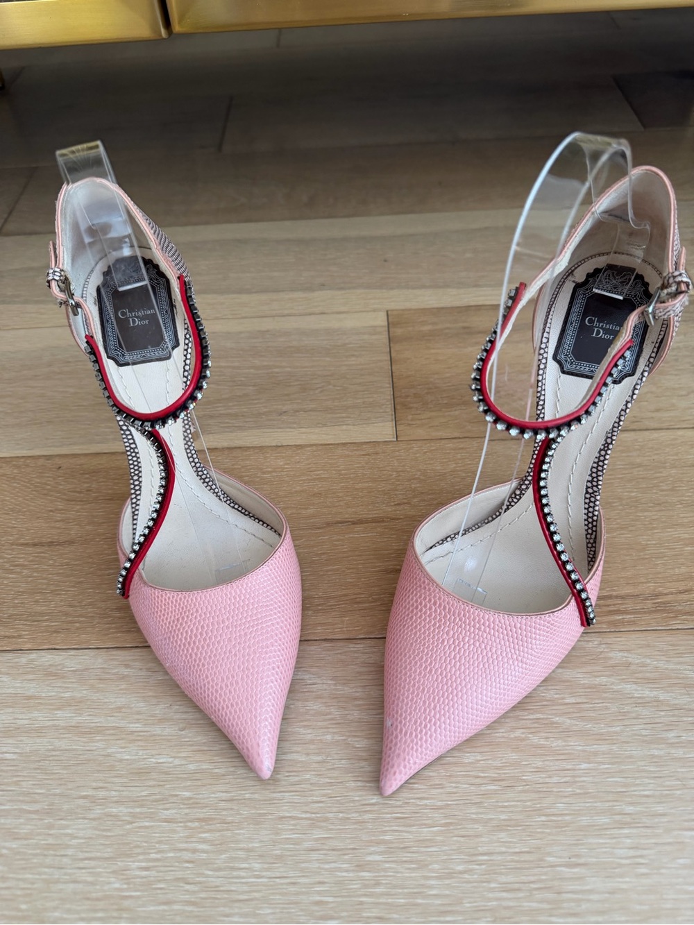 Dior Vintage Leather Lizard Pink Greige Crystal T-Strap Pointed Pumps Size 8.5